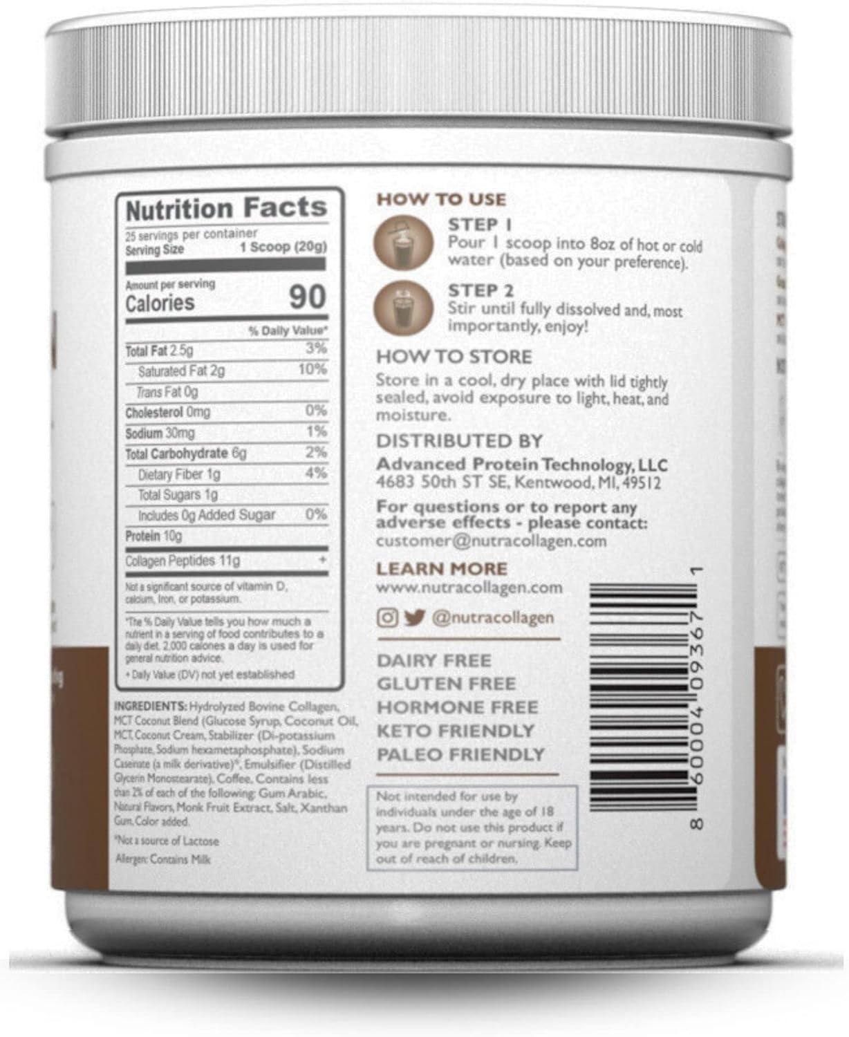 Premium Colombian Coffee Infused NUTRACOLLAGEN Peptide Powder - Grass-Fed, Keto Friendly, Soy & Gluten Free, Mocha Hazelnut Flavor, 25 Servings