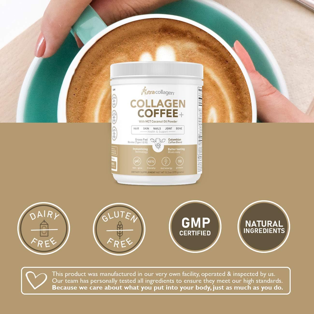 Premium Colombian Coffee Infused NUTRACOLLAGEN Peptide Protein Powder with MCT Coconut Oil - Keto Friendly, Grass-Fed, Soy/Gluten/Sugar Free
