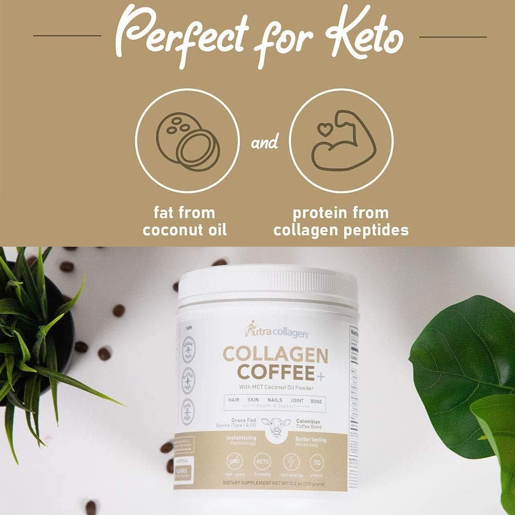 Premium Colombian Coffee Infused NUTRACOLLAGEN Peptide Protein Powder with MCT Coconut Oil - Keto Friendly, Grass-Fed, Soy/Gluten/Sugar Free