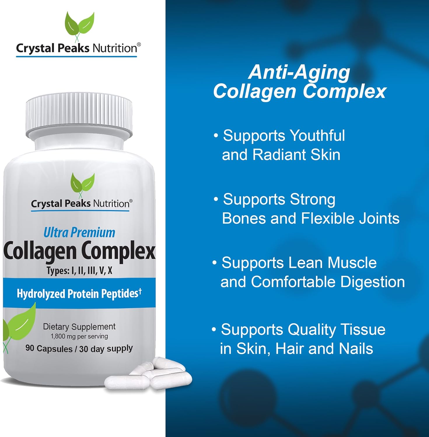 Premium Crystal Peaks Nutrition Collagen Peptide Pill for Youthful Skin - Types I, II, III, V, X - Anti-Aging Supplement for Women & Men - 1800 mg Hydrolyzed Protein Tablets