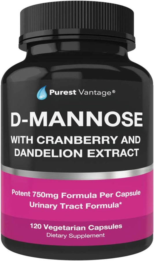 Premium D-Mannose Capsules with Cranberry & Dandelion Extract - 600mg Per Cap - Urinary Tract & UTI Support - 120 Veg Capsules