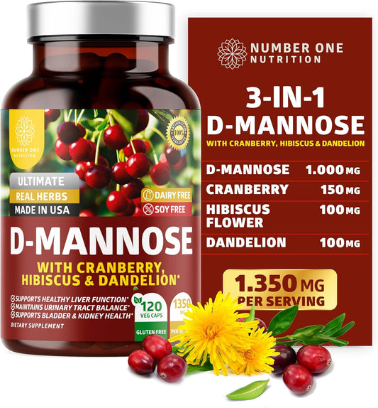Premium D Mannose with Cranberry and Hibiscus Capsules - Max Strength 1350mg - Supports Urinary Tract Health - 120 Veg Caps