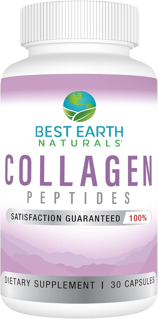 Premium Earth Naturals Hydrolyzed Collagen Peptides Supplement for Hair, Skin, Nails, & Joints - Type I & III Collagen, 30 Day Supply (30 Capsules) for Women and Men