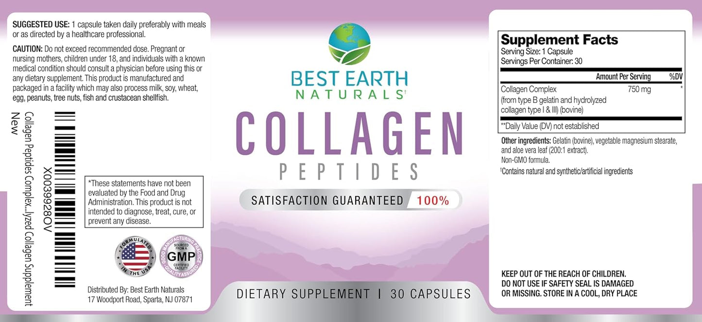 Premium Earth Naturals Hydrolyzed Collagen Peptides Supplement for Hair, Skin, Nails, & Joints - Type I & III Collagen, 30 Day Supply (30 Capsules) for Women and Men