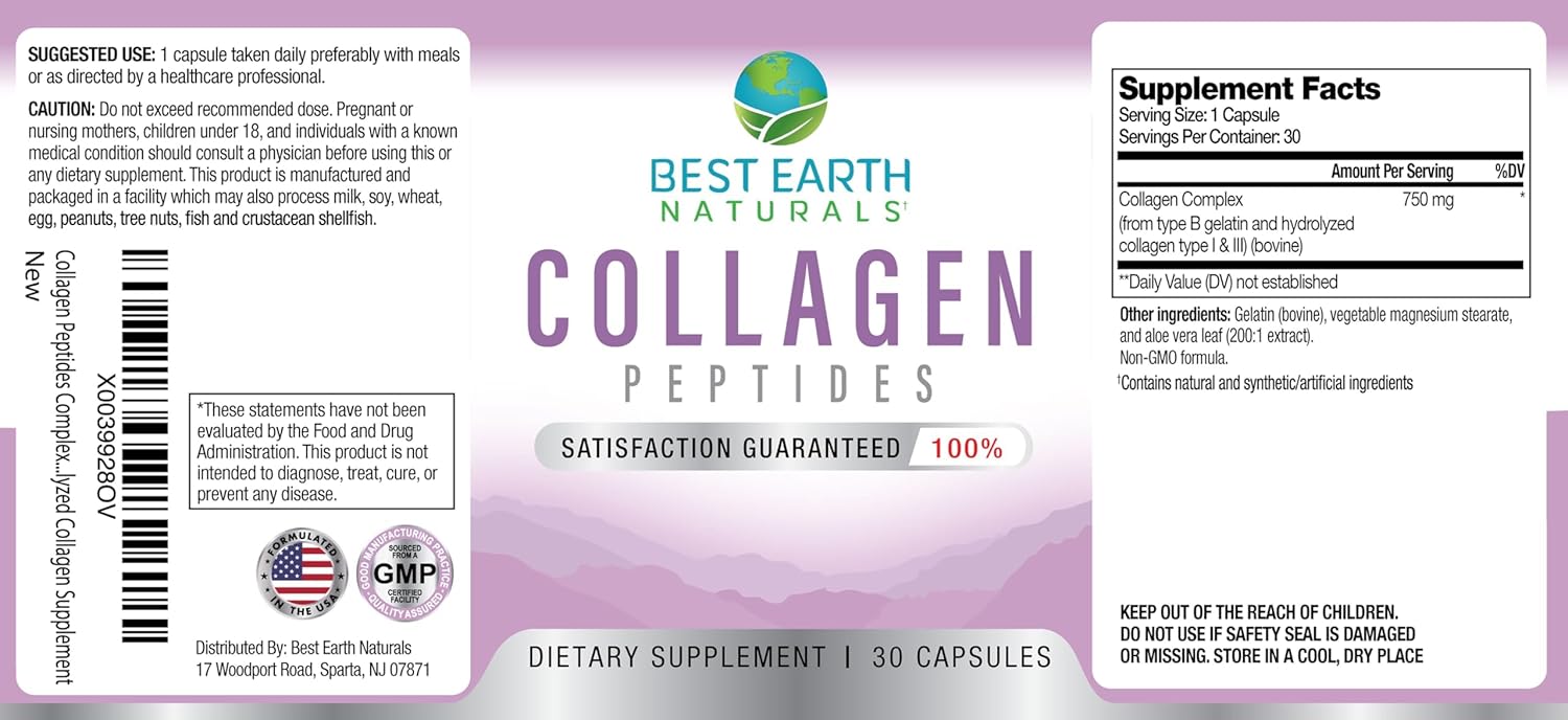 Premium Earth Naturals Hydrolyzed Collagen Peptides Supplement for Hair, Skin, Nails, & Joints - Type I & III Collagen, 30 Day Supply (30 Capsules) for Women and Men