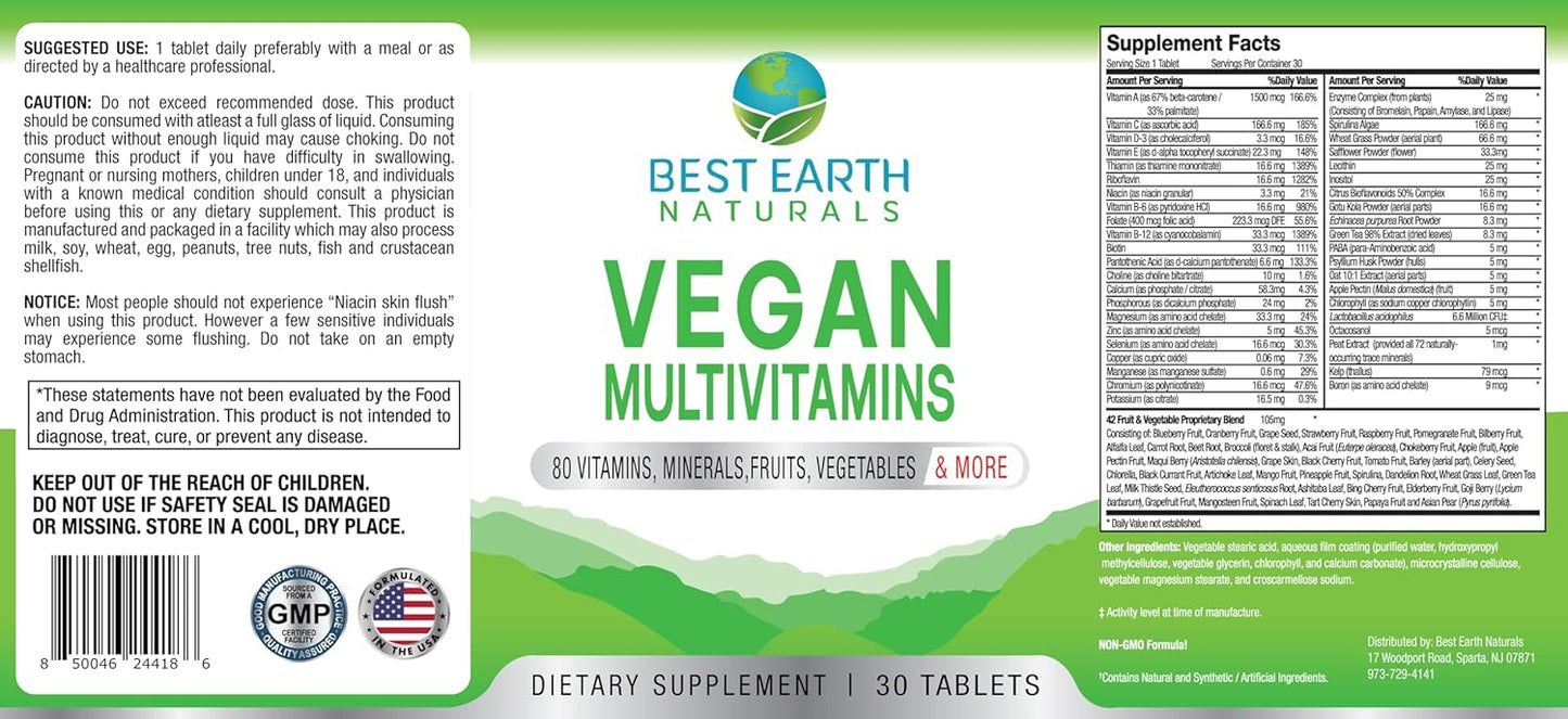 Premium Earth Naturals Vegan Multivitamin Supplement with 80 Essential Nutrients for Health and Energy - 30 Capsules