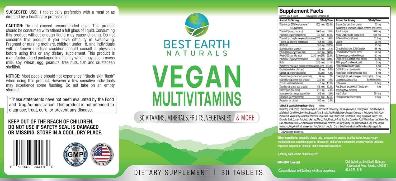 Premium Earth Naturals Vegan Multivitamin Supplement with 80 Essential Nutrients for Health and Energy - 30 Capsules