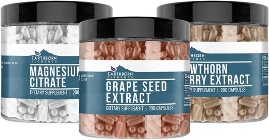 Premium Earthborn Elements Hawthorn Berry, Grape Seed, and Magnesium Citrate Capsules - 200 Count - Natural and Additive-Free
