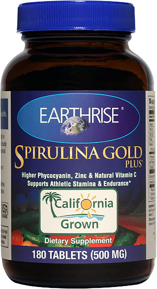 Premium Earthrise Spirulina Gold Plus Tablets - 500mg, 180 Count - Vegan, Gluten Free, Keto Friendly - California Grown, Non-GMO Superfood Rich in Vitamins & Minerals