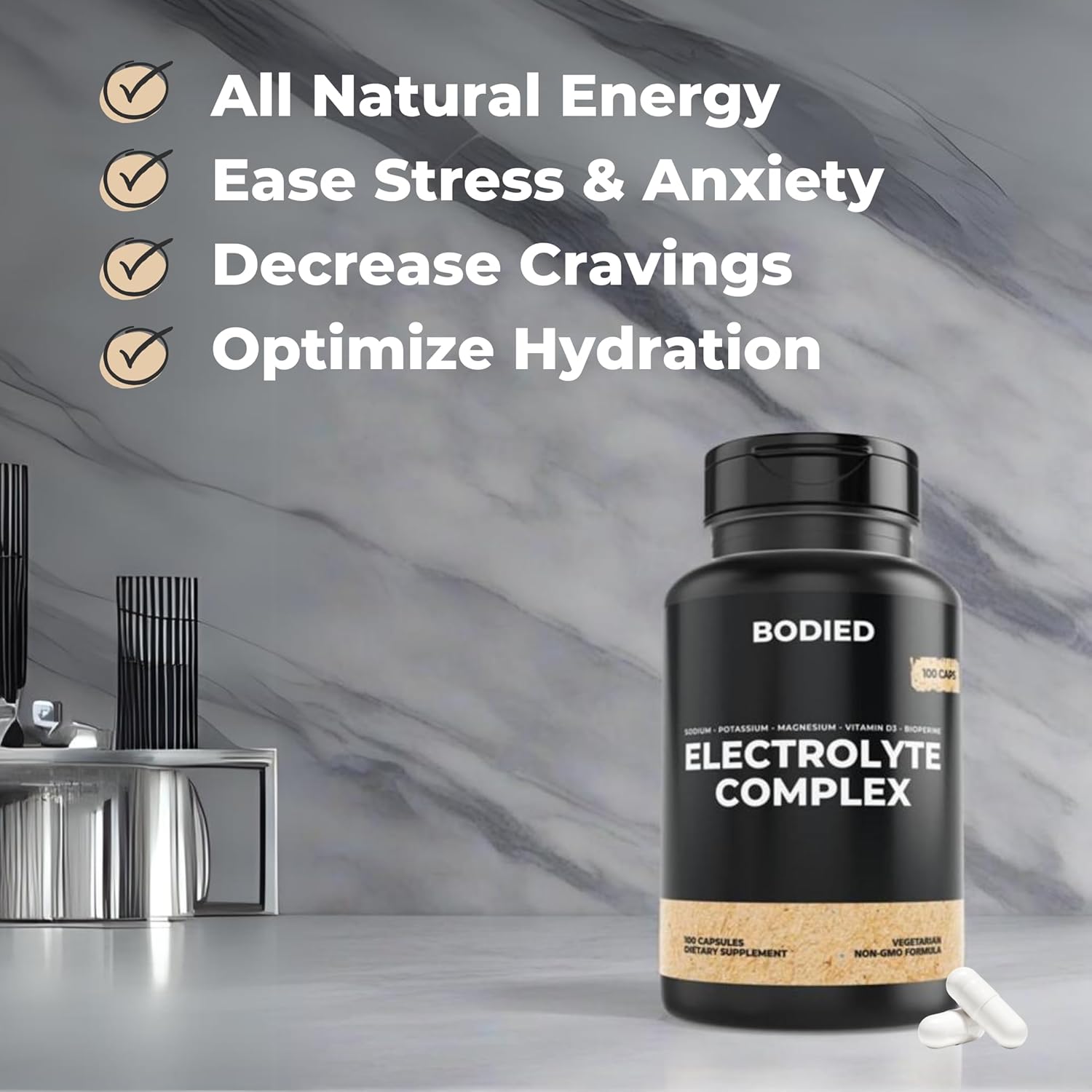 Premium Electrolyte Complex Capsules for Hydration: Potassium, Magnesium, Calcium, Sodium. Clean Energy Boost. Fasting, Keto, Vegan - 100 Servings