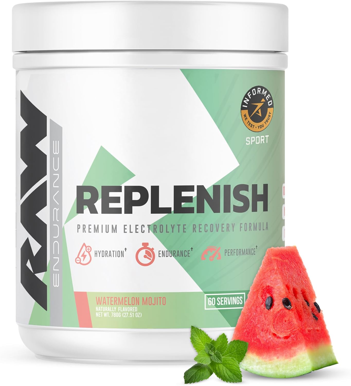 Premium Electrolyte Drink Mix Supplement for Hydration & Performance - Watermelon Mojito Flavor, 60 Servings, RAW Replenish Formula