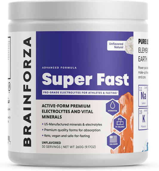 Premium Electrolytes for Fasting - Brain Forza Super Fast Keto Formula with Potassium, Sodium, Magnesium, Calcium, Iron, Pink Himalayan Salt - 30 Servings, Unflavored
