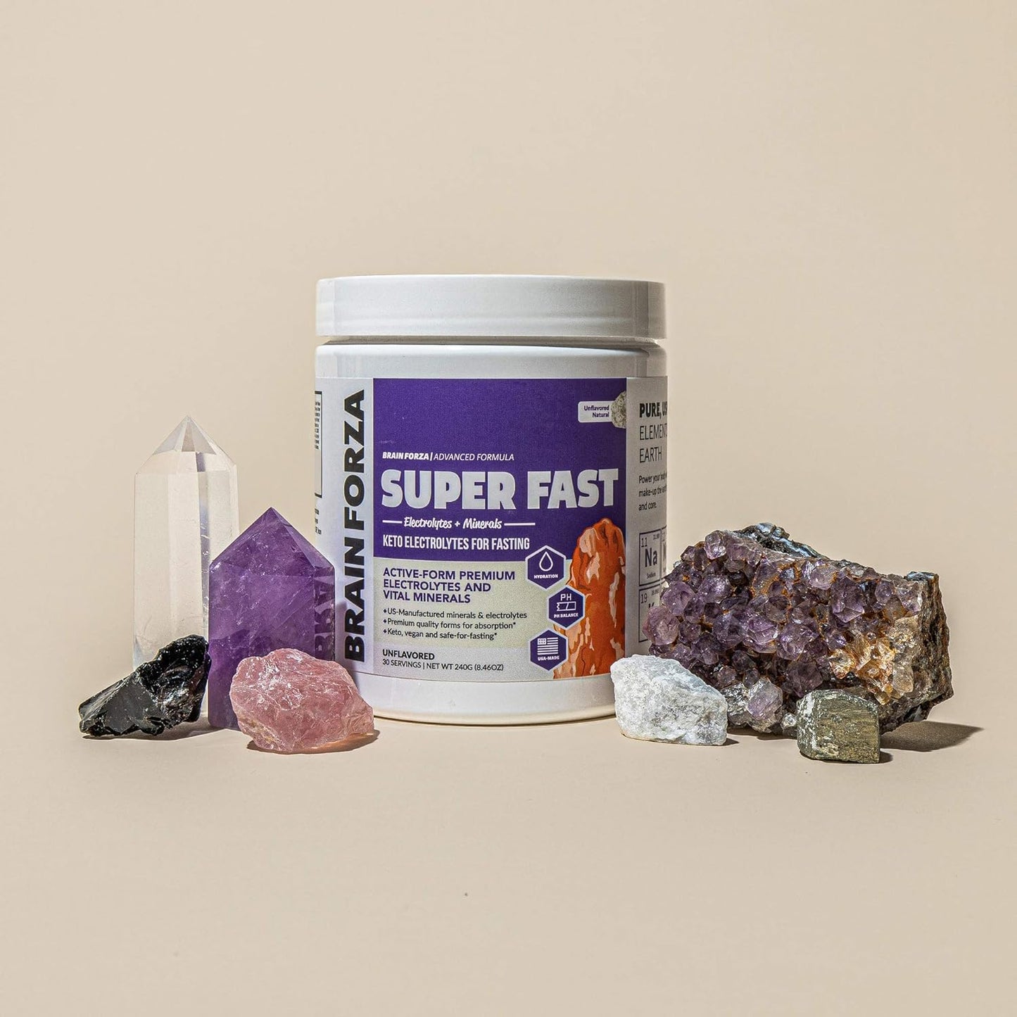 Premium Electrolytes for Fasting - Brain Forza Super Fast Keto Formula with Potassium, Sodium, Magnesium, Calcium, Iron, Pink Himalayan Salt - 30 Servings, Unflavored