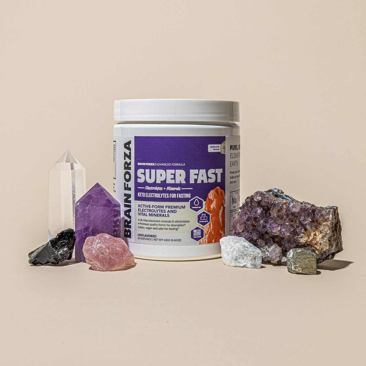 Premium Electrolytes for Fasting - Brain Forza Super Fast Keto Formula with Potassium, Sodium, Magnesium, Calcium, Iron, Pink Himalayan Salt - 30 Servings, Unflavored
