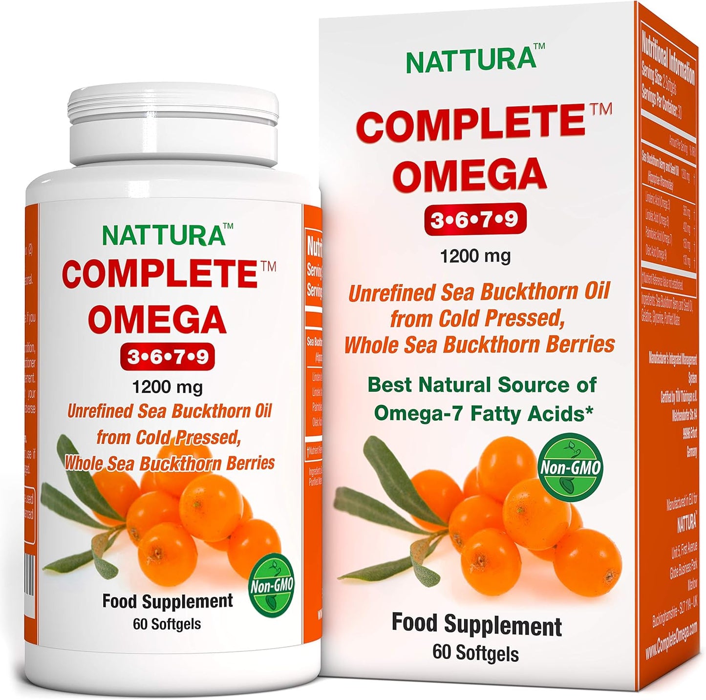 Premium European Quality Nattura Complete Omega 3-6-7-9 Sea Buckthorn Oil, Cold Pressed 1,200mg - 2 Bottles - BoostGo Australia
