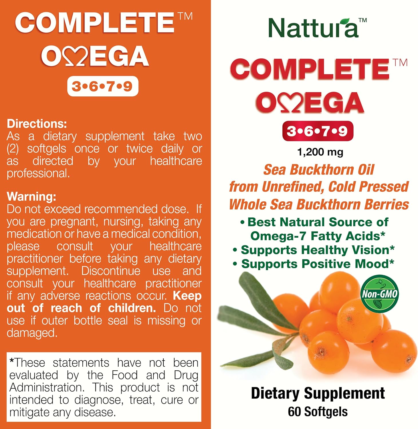 Premium European Quality Nattura Complete Omega 3-6-7-9 Sea Buckthorn Oil, Cold Pressed 1,200mg - 2 Bottles - BoostGo Australia