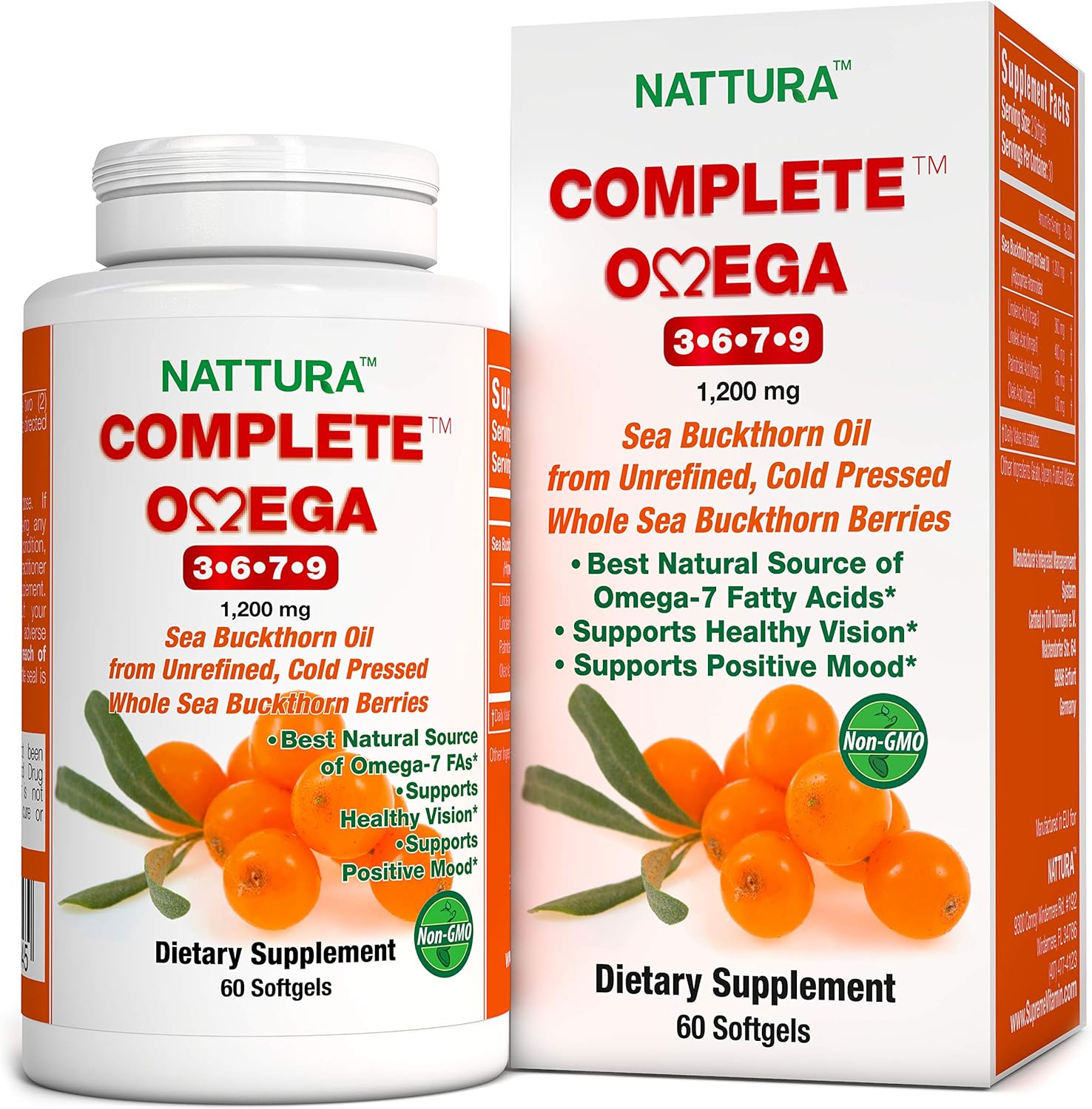 Premium European Quality Nattura Complete Omega 3-6-7-9 Sea Buckthorn Oil, Cold Pressed 1,200mg - 2 Bottles - BoostGo Australia