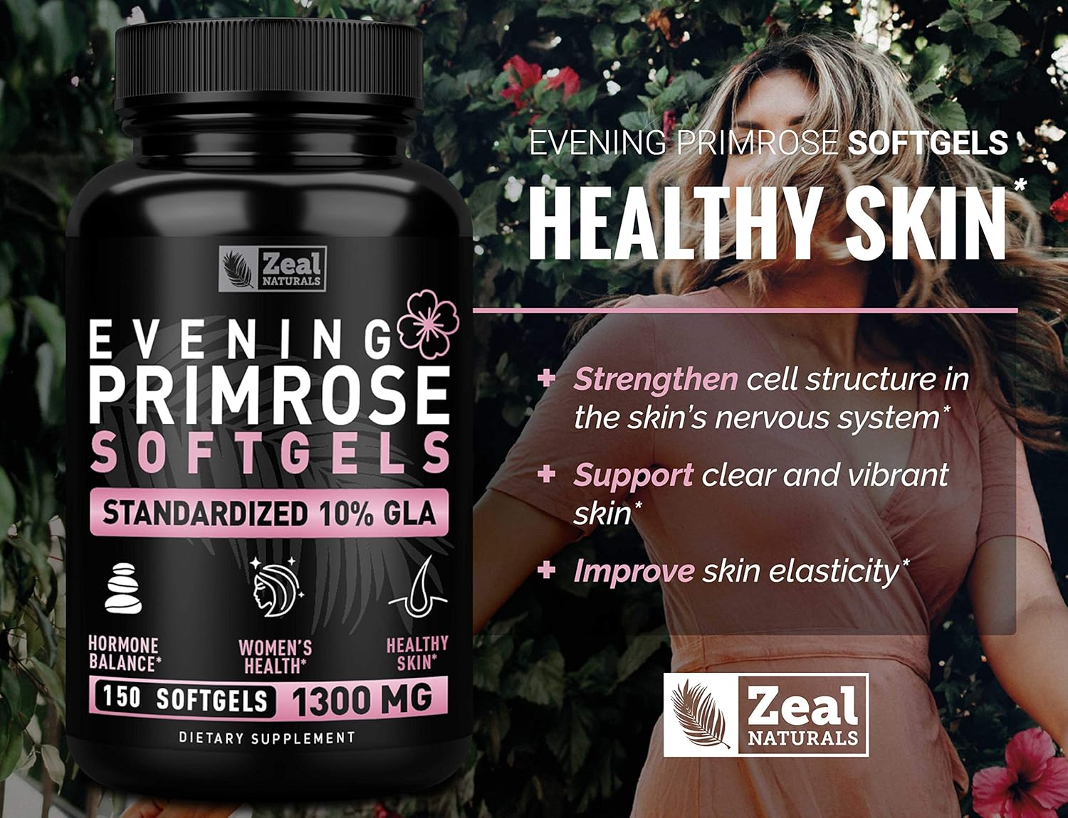 Premium Evening Primrose Oil Capsules (150 Liquid Softgels | 1300mg) - Natural Hormone Support for Women - Cold Pressed with 10% GLA - by Zeal Naturals