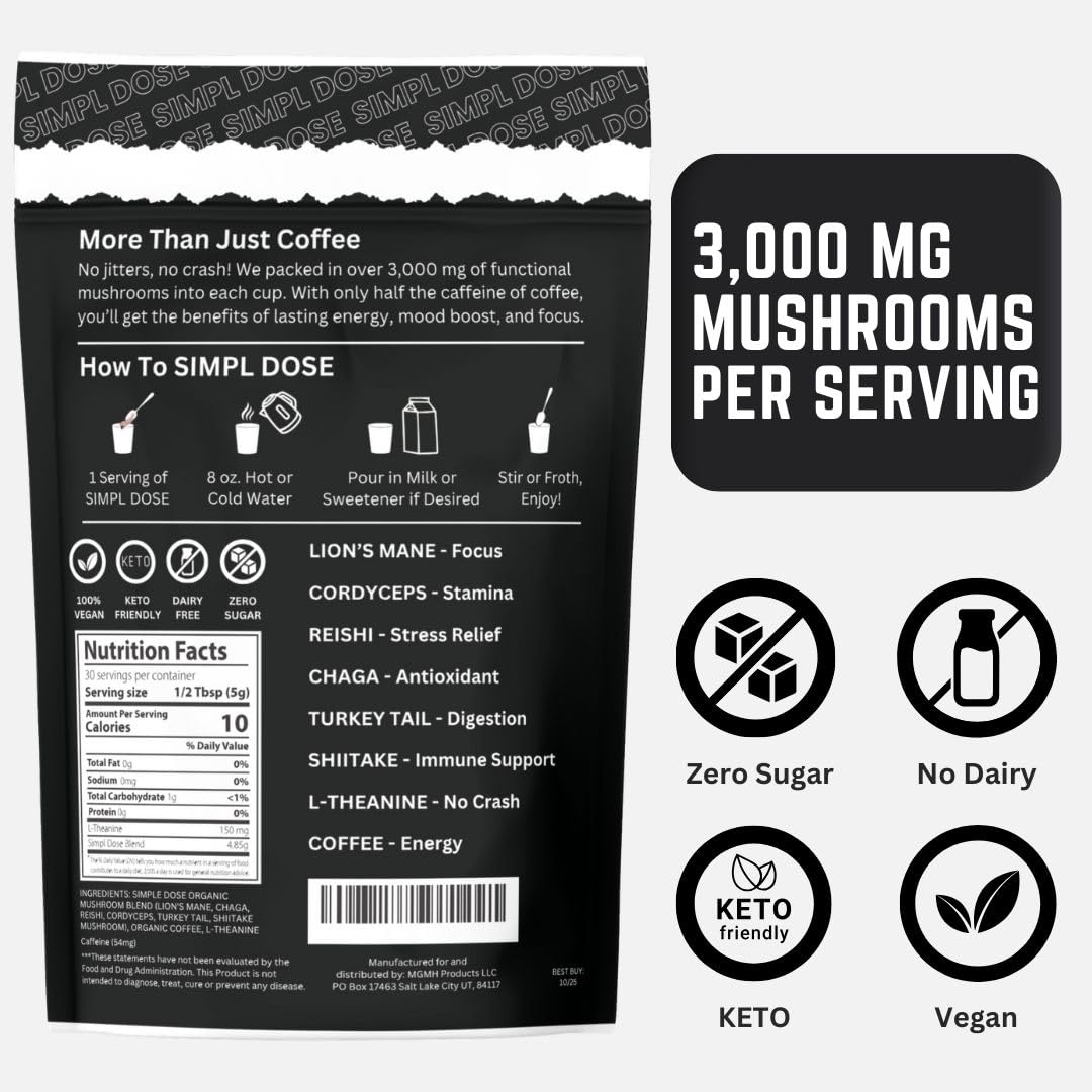Premium Everyday Mushroom Coffee for Better Energy, Focus, Digestion, and Immunity - 30 Servings from SIMPL DOSE