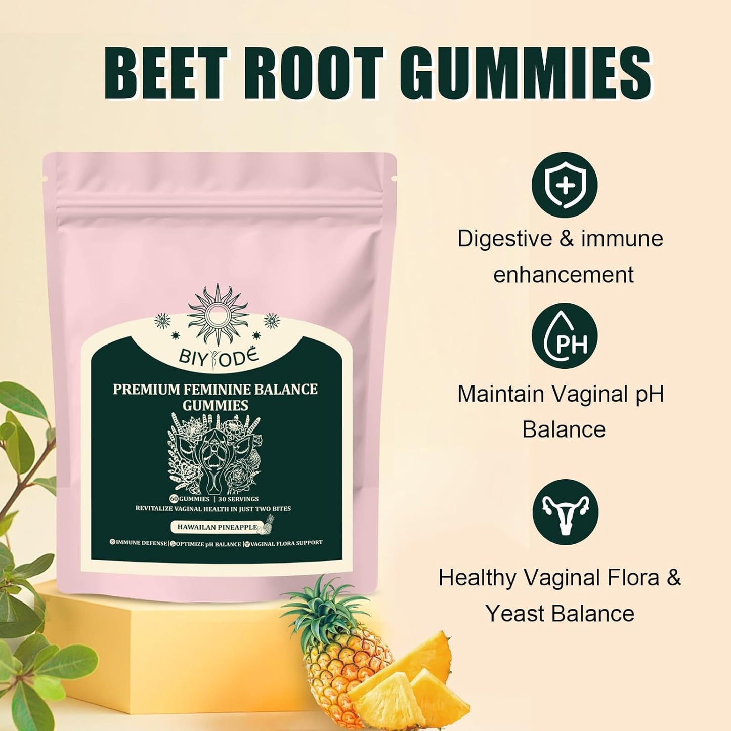 Premium Feminine Balance Gummies for Women - Immune Support, Vegan, Gluten-Free, Hawaiian Pineapple Flavor - 60 Gummies