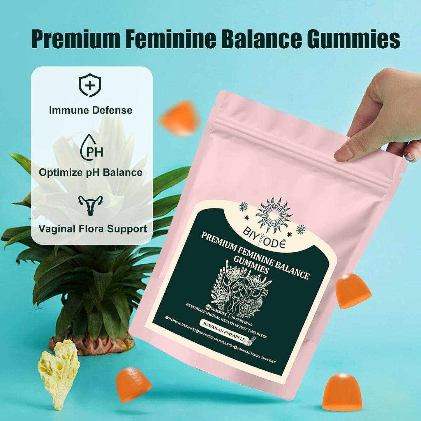 Premium Feminine Balance Gummies for Women - Immune Support, Vegan, Gluten-Free, Hawaiian Pineapple Flavor - 60 Gummies