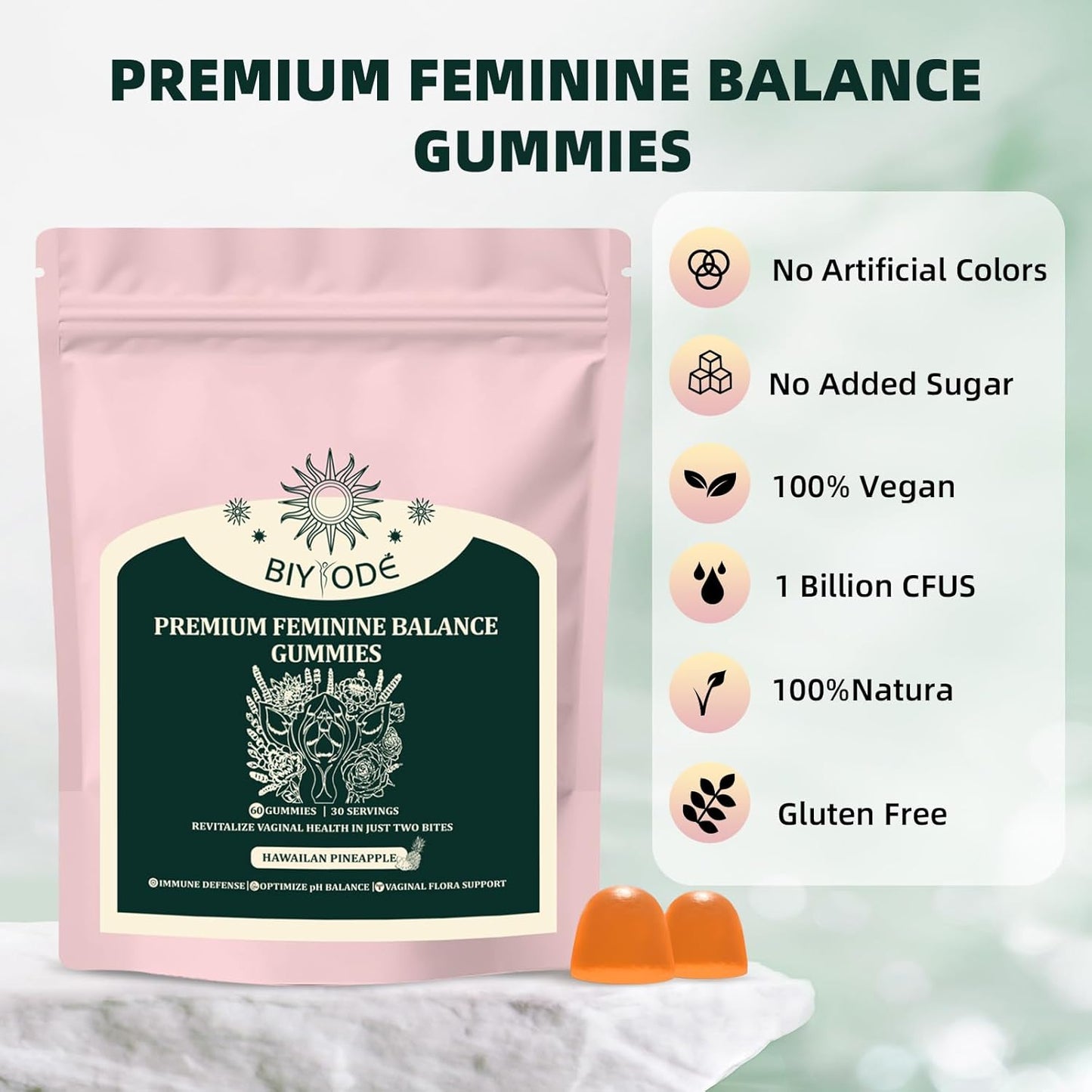 Premium Feminine Balance Gummies for Women - Immune Support, Vegan, Gluten-Free, Hawaiian Pineapple Flavor - 60 Gummies