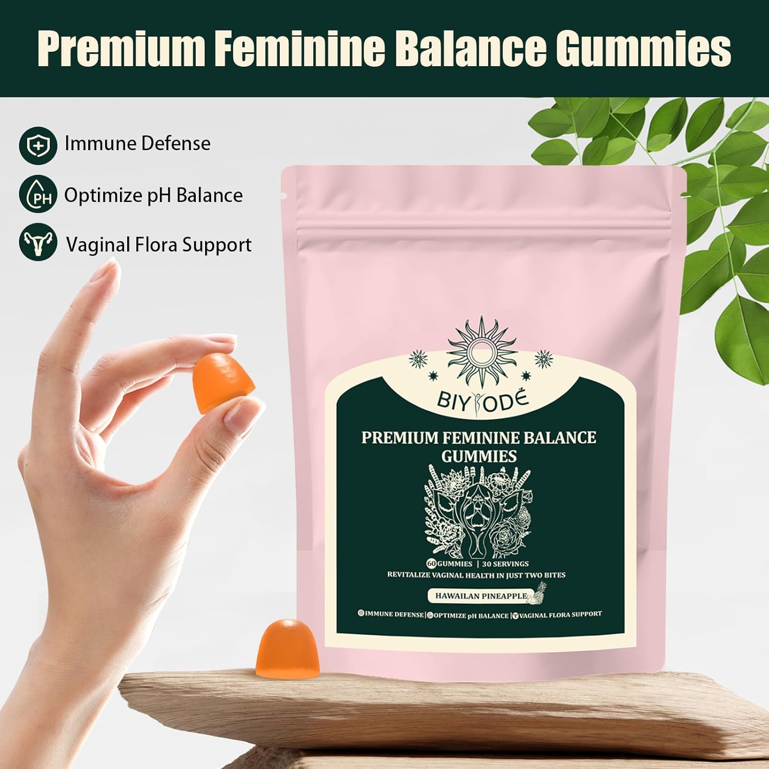 Premium Feminine Balance Gummies for Women - Immune Support, Vegan, Gluten-Free, Hawaiian Pineapple Flavor - 60 Gummies