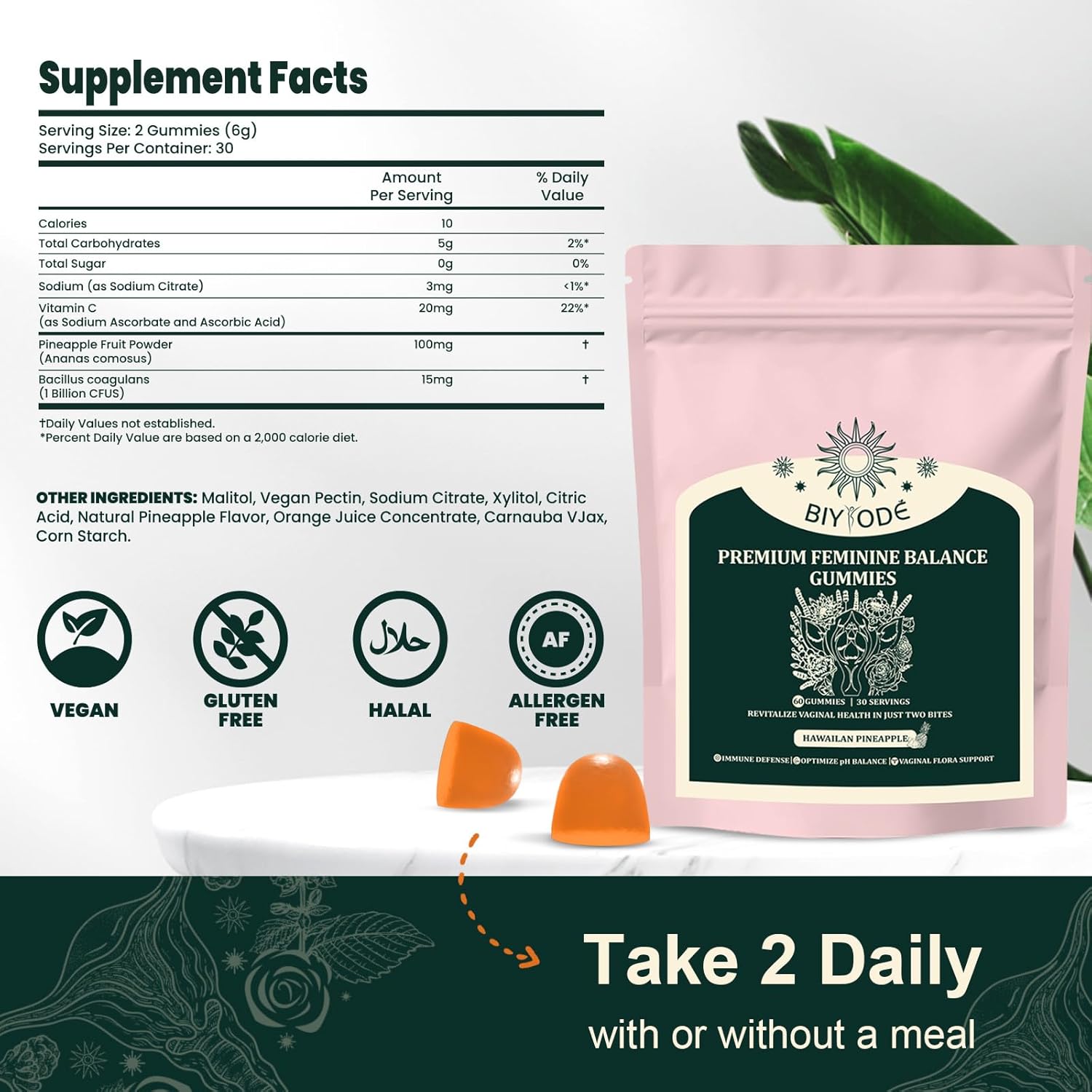 Premium Feminine Balance Gummies for Women - Immune Support, Vegan, Gluten-Free, Hawaiian Pineapple Flavor - 60 Gummies