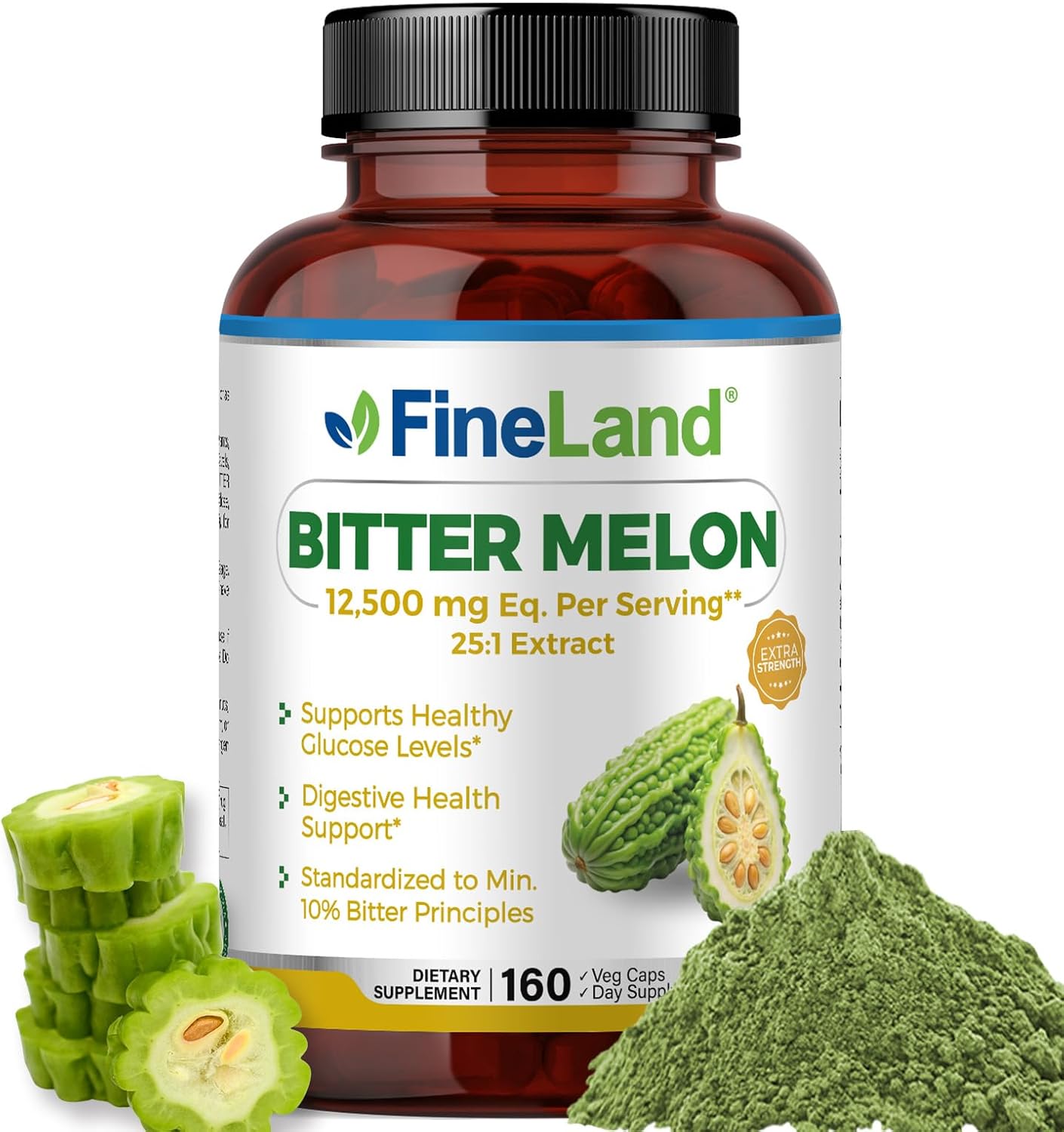 Premium FineLand Bitter Melon Extract 12,500mg - Max Strength, Standardized to 10% Bitter Principles - 160 Pills, 5+ Months Supply