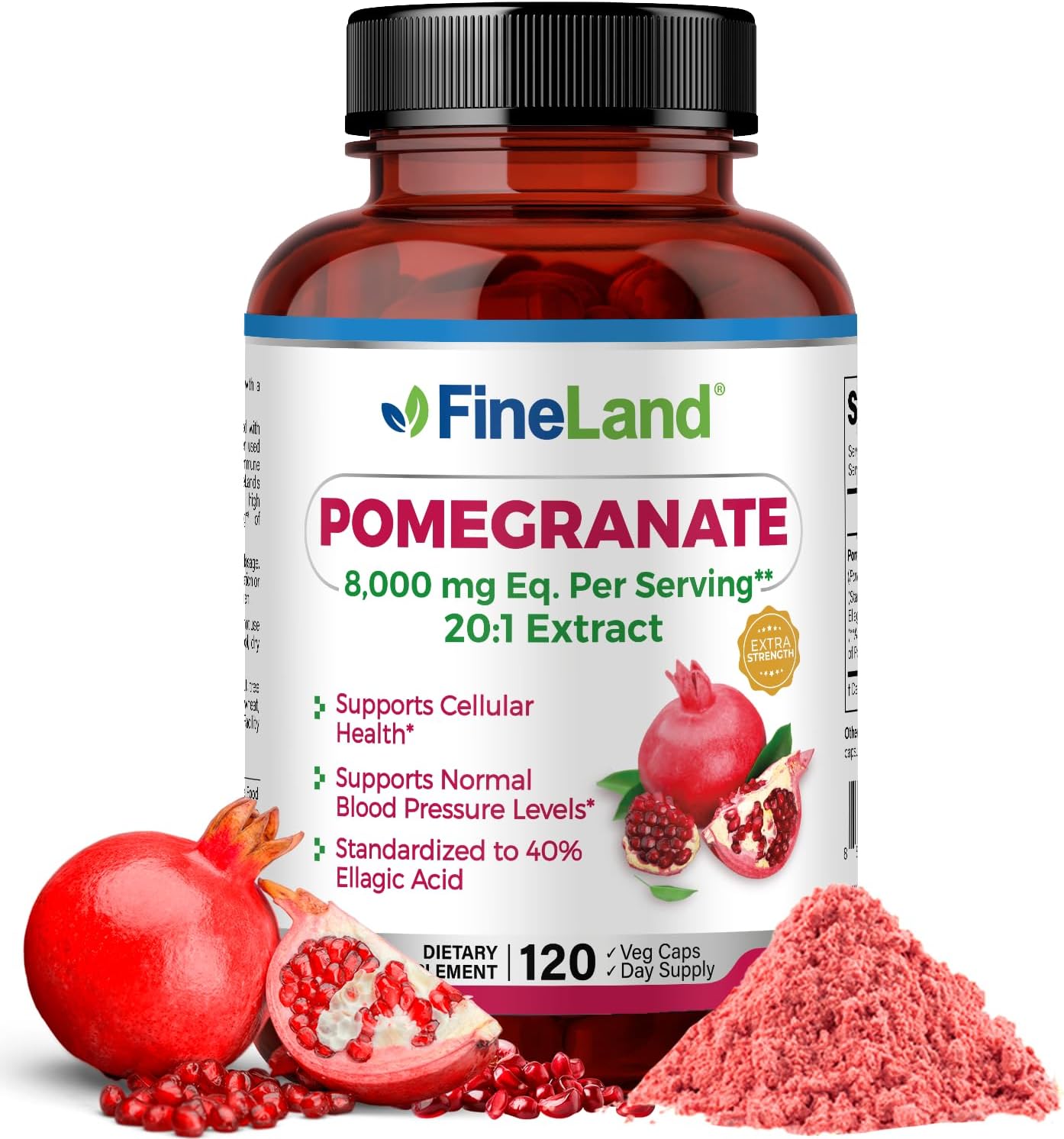 Premium FineLand Pomegranate Extract Capsules - 8,000mg Eq. per Serving, 40% Ellagic Acid, Antioxidant & DNA Support - 120 Capsules, 4 Month Supply