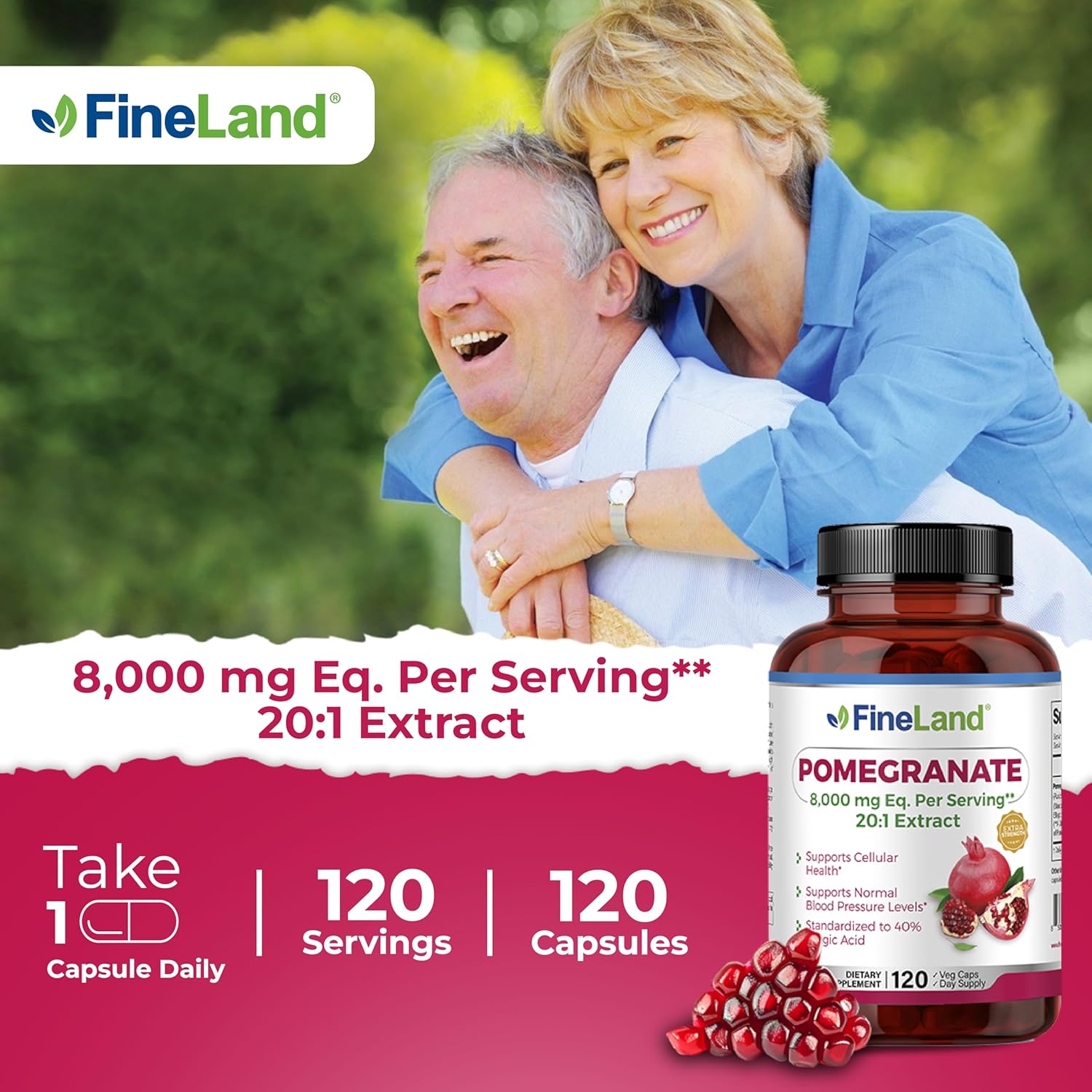Premium FineLand Pomegranate Extract Capsules - 8,000mg Eq. per Serving, 40% Ellagic Acid, Antioxidant & DNA Support - 120 Capsules, 4 Month Supply