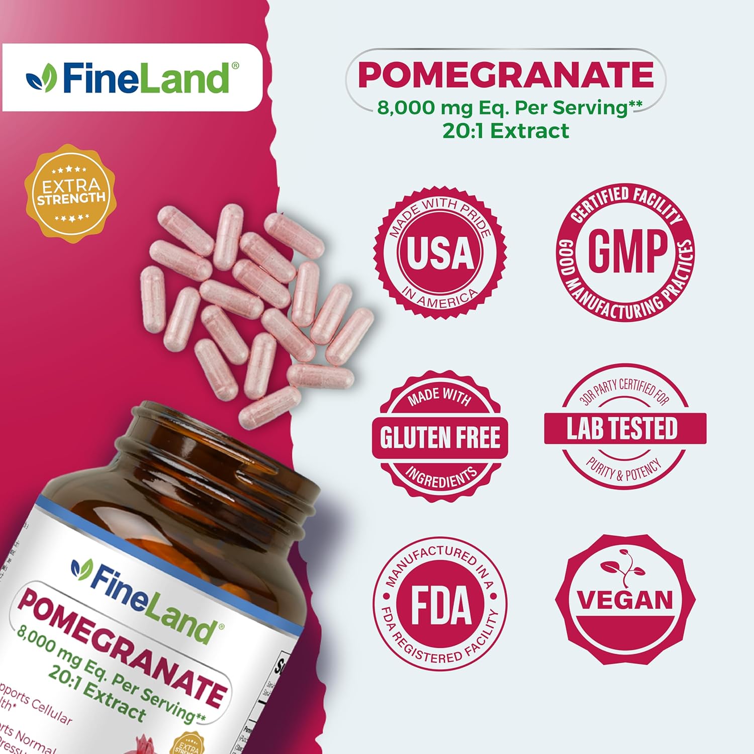 Premium FineLand Pomegranate Extract Capsules - 8,000mg Eq. per Serving, 40% Ellagic Acid, Antioxidant & DNA Support - 120 Capsules, 4 Month Supply