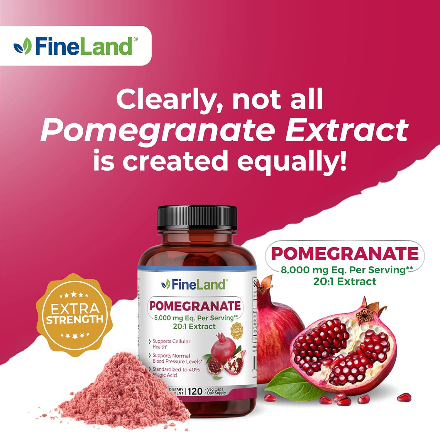 Premium FineLand Pomegranate Extract Capsules - 8,000mg Eq. per Serving, 40% Ellagic Acid, Antioxidant & DNA Support - 120 Capsules, 4 Month Supply