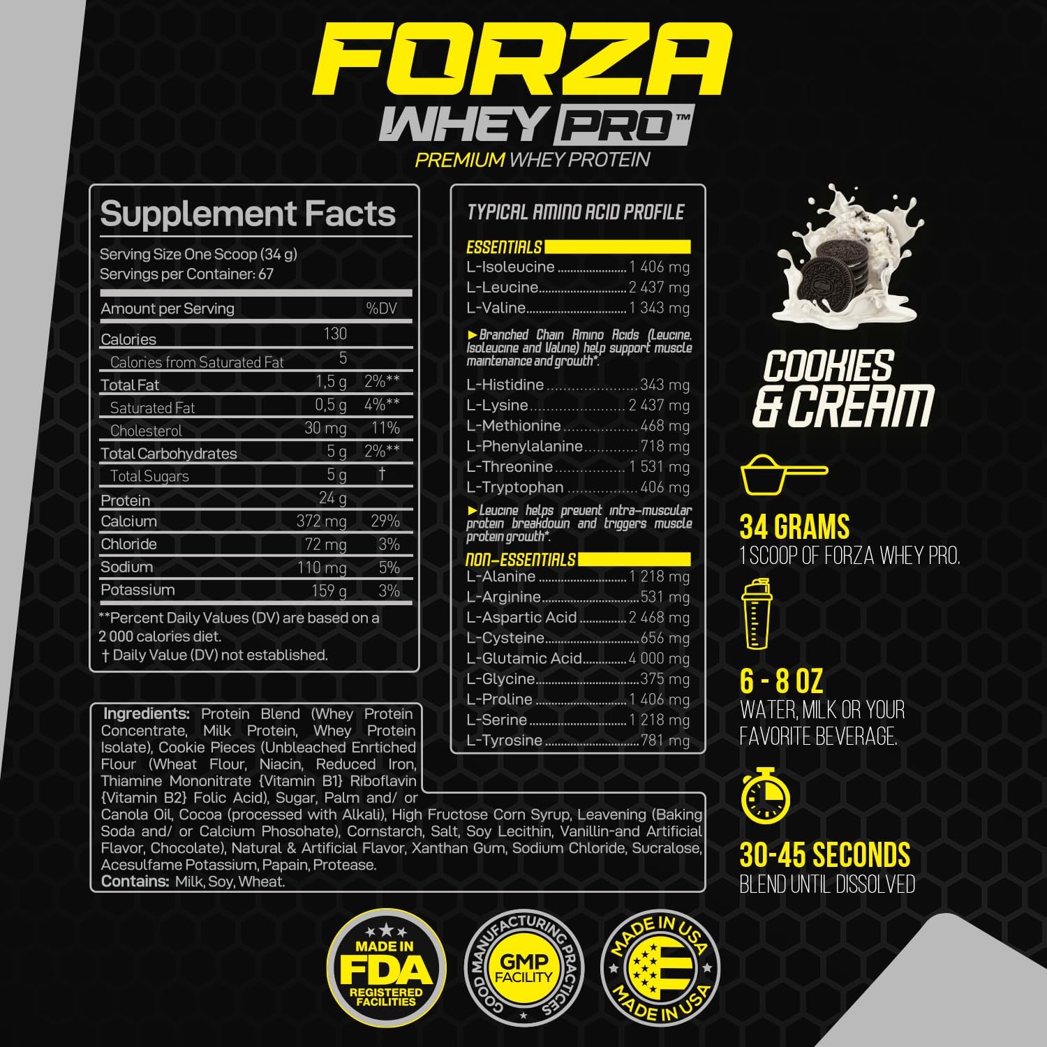 Premium Forzagen Whey PRO Low Carb Protein Powder - Cookies & Cream Flavor | 24g Protein per Serving, Ideal for Men & Women, BCAA Enriched, 5 lbs (67 Servings)