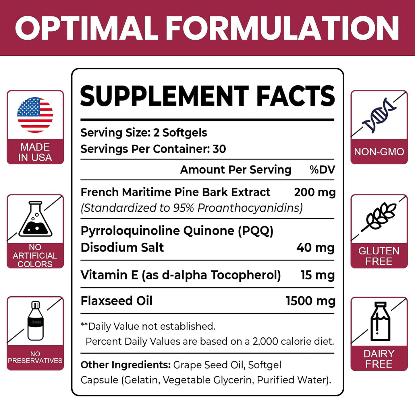 Premium French Maritime Pine Bark Extract Softgels with PQQ for Heart & Joint Health - 120 Vegan Capsules