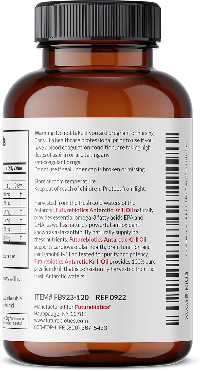 Premium Futurebiotics Antarctic Krill Oil 1000mg - Heavy Metal Tested, Non GMO - 120 Softgels