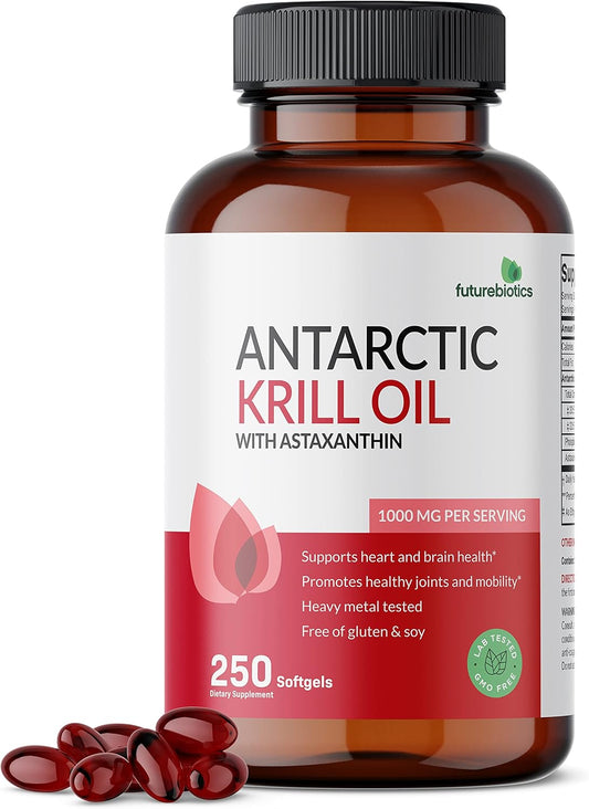 Premium Futurebiotics Antarctic Krill Oil 1000mg Softgels - Omega-3s, Astaxanthin, Phospholipids - Non GMO, Heavy Metal Tested - 250 Softgels