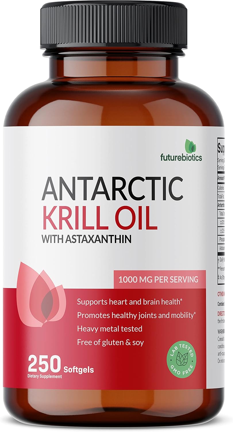 Premium Futurebiotics Antarctic Krill Oil 1000mg Softgels - Omega-3s, Astaxanthin, Phospholipids - Non GMO, Heavy Metal Tested - 250 Softgels