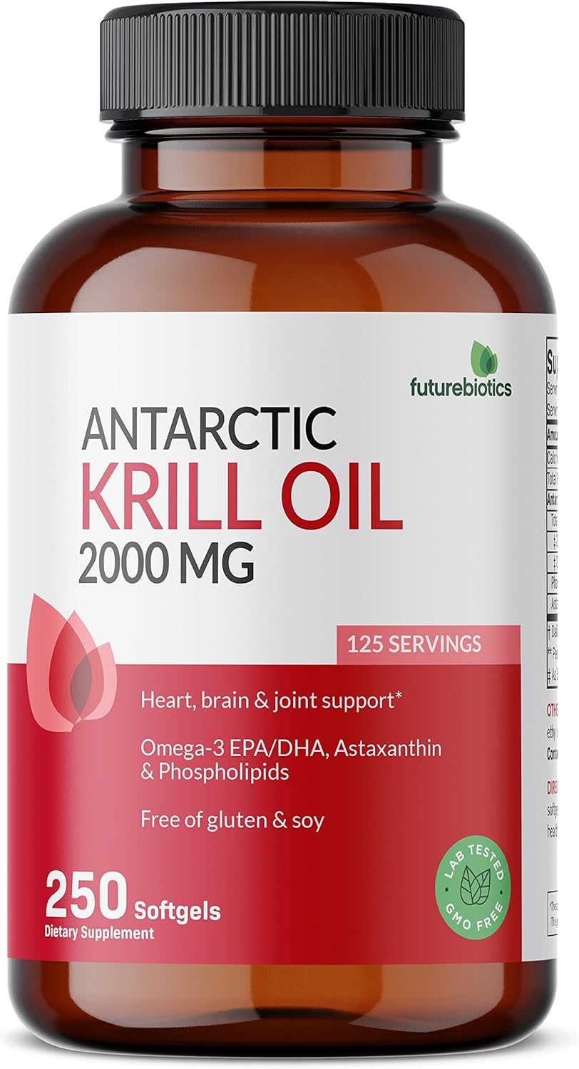 Premium Futurebiotics Antarctic Krill Oil 2000mg Softgels with Astaxanthin - Heavy Metal Tested, Non GMO - 250 Count