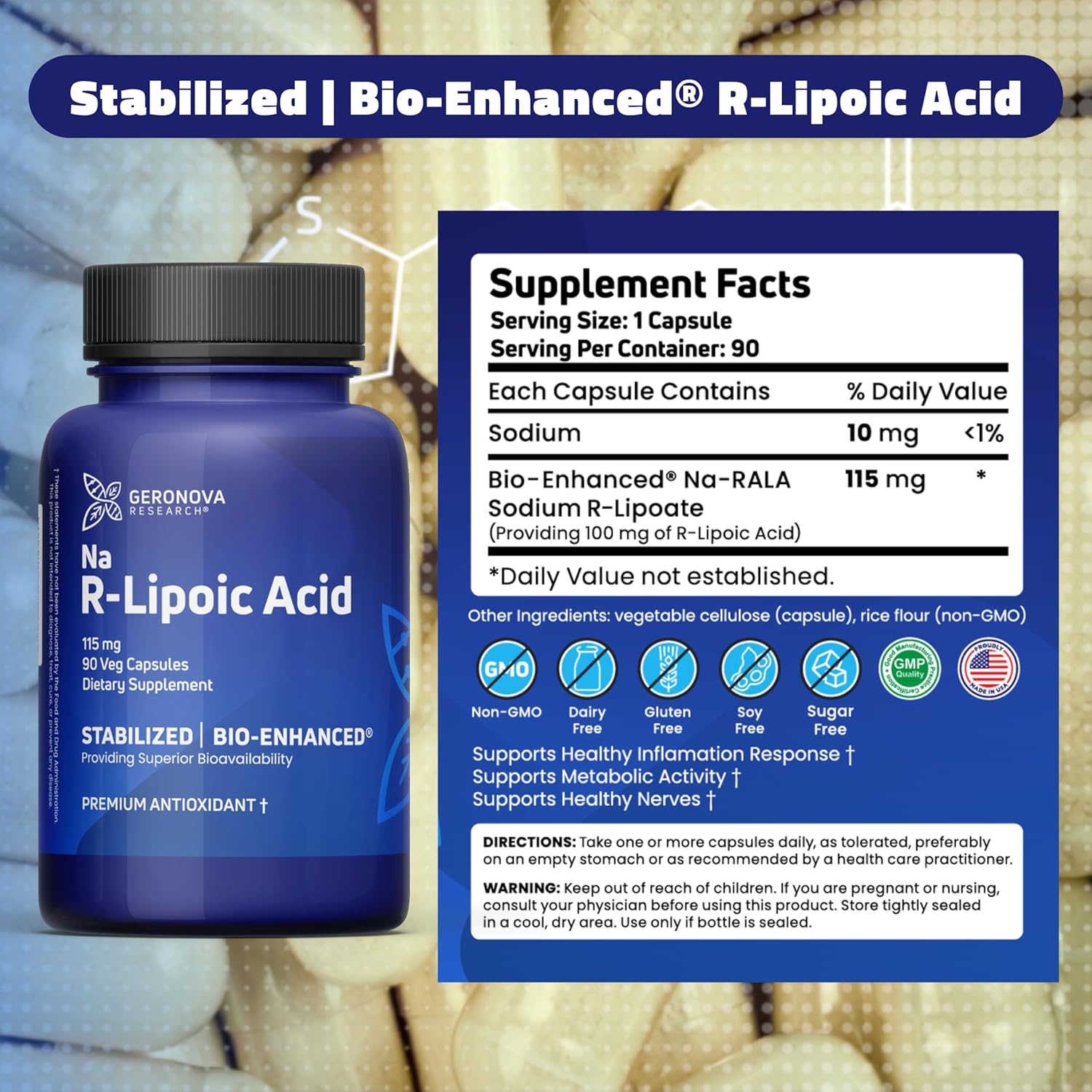Premium Geronova Research R-Lipoic Acid 115mg Capsules - Enhanced Bioavailability for Metabolic Health & Anti-Aging - Gluten Free & Non-GMO