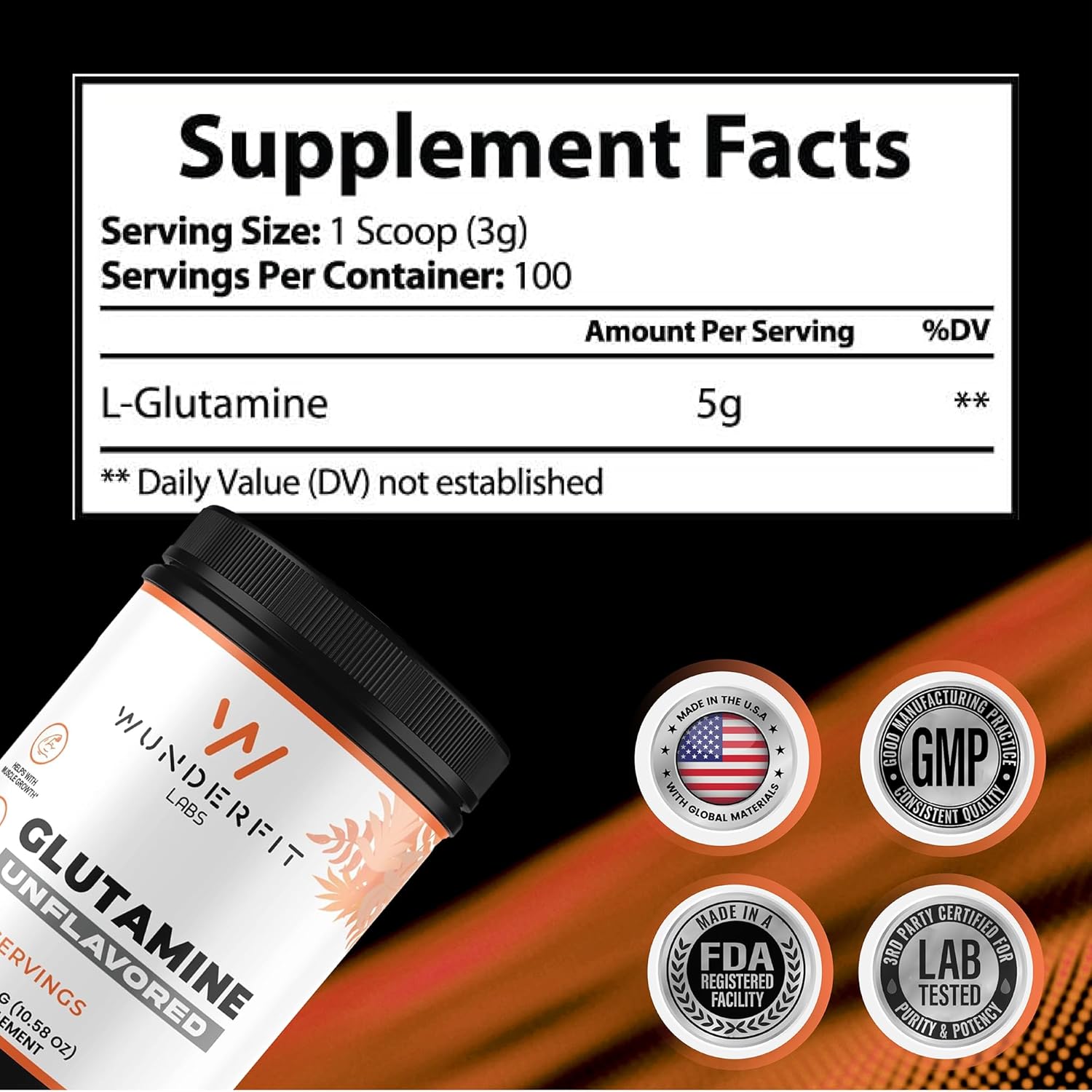 Premium Glutamine Supplement by Wunderfit Labs for Enhanced Muscle Recovery and Immune Support