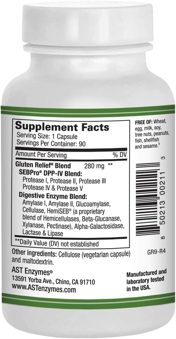 Premium Gluten Digestive Enzyme Formula - 90 Vegetarian Capsules - DPP-IV Enzyme Complex for Gluten Relief - AST Enzymes