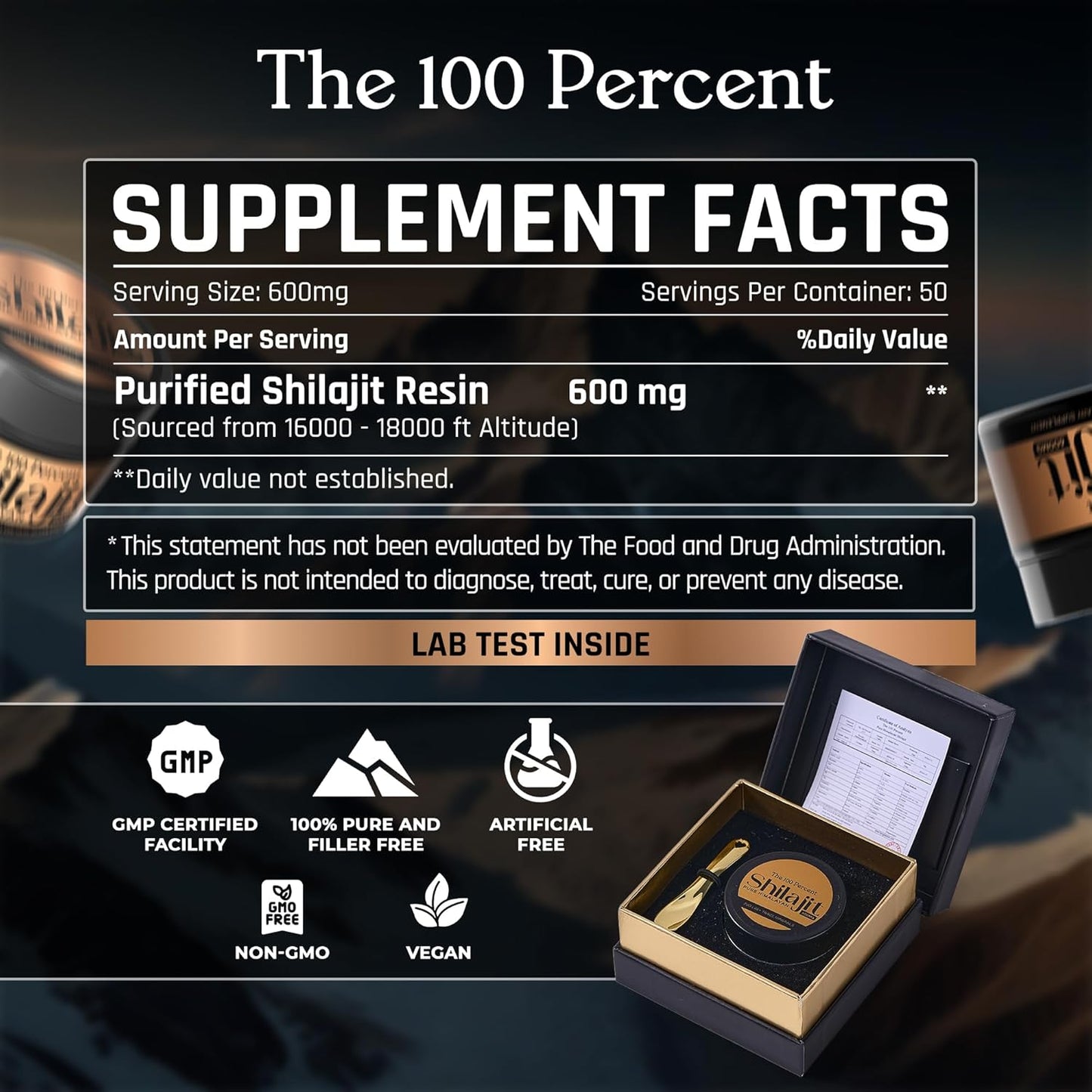 Premium Gold Grade Himalayan Shilajit Capsules 600mg - 50 Servings, Lab Tested for Maximum Potency, 85+ Trace Minerals for Men & Women from Highest Altitude