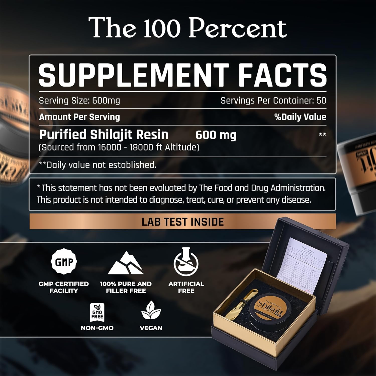 Premium Gold Grade Himalayan Shilajit Capsules 600mg - 50 Servings, Lab Tested for Maximum Potency, 85+ Trace Minerals for Men & Women from Highest Altitude
