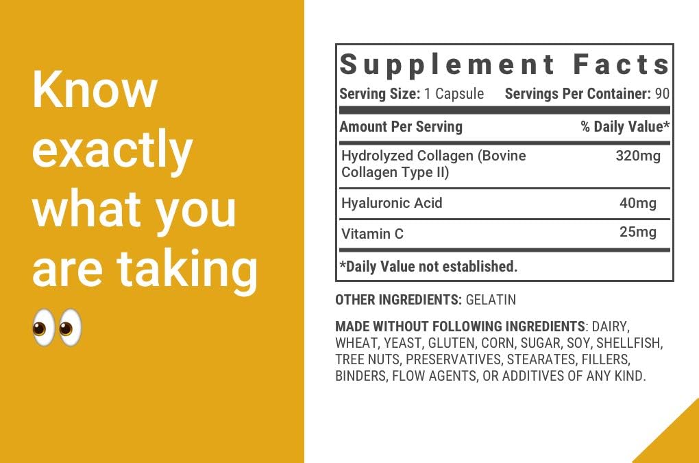 Premium Grass Fed Beef Collagen Pills with Vitamin C and Hyaluronic Acid - Type 2 Hydrolyzed Capsules for Joint Health