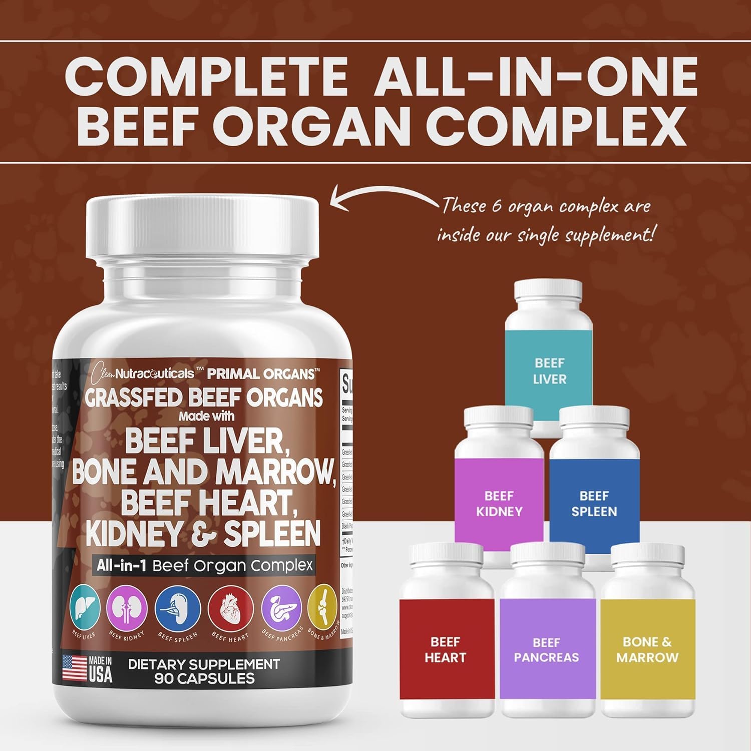 Premium Grass Fed Beef Organ Capsules with Desiccated Heart, Spleen, Pancreas, Bone Marrow - Nutrient-Rich Nutraceutical Supplement