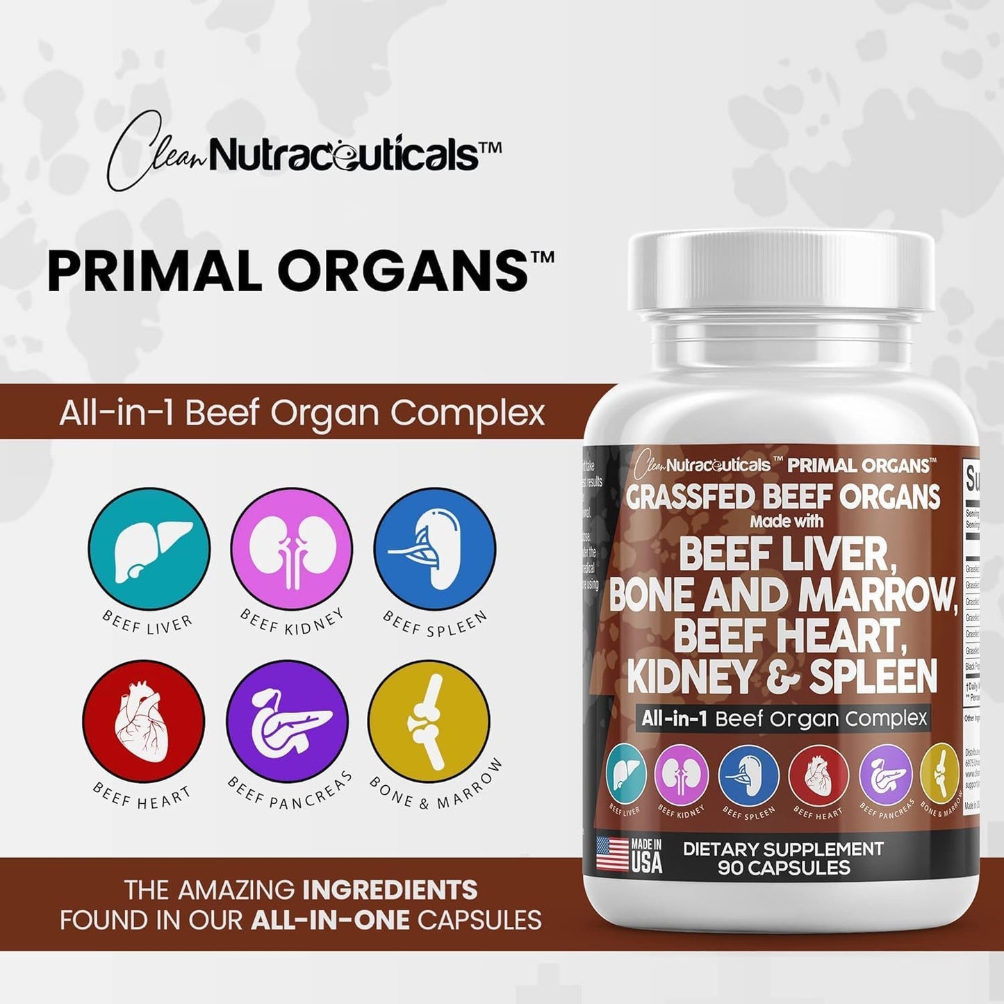 Premium Grass Fed Beef Organ Capsules with Desiccated Heart, Spleen, Pancreas, Bone Marrow - Nutrient-Rich Nutraceutical Supplement