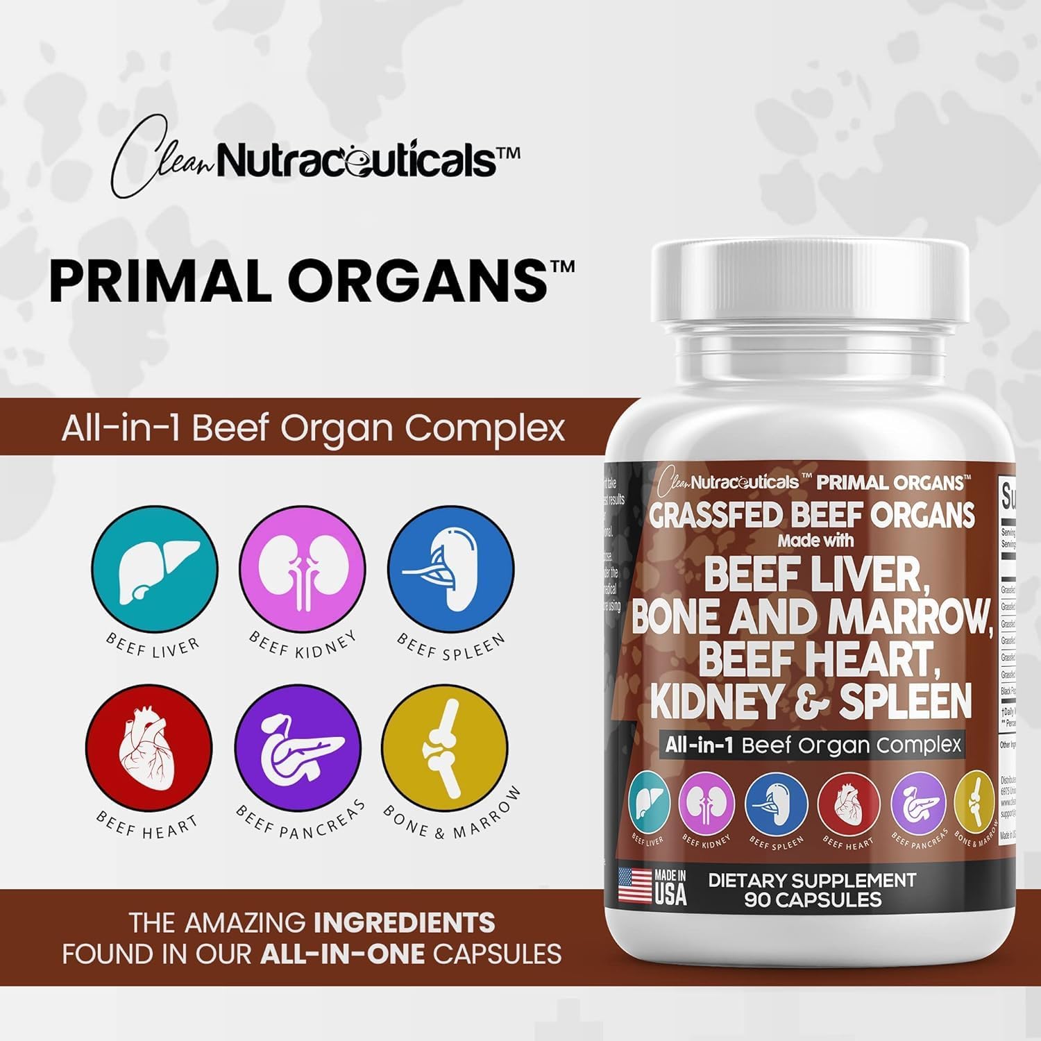 Premium Grass Fed Beef Organ Capsules with Desiccated Heart, Spleen, Pancreas, Bone Marrow - Nutrient-Rich Nutraceutical Supplement
