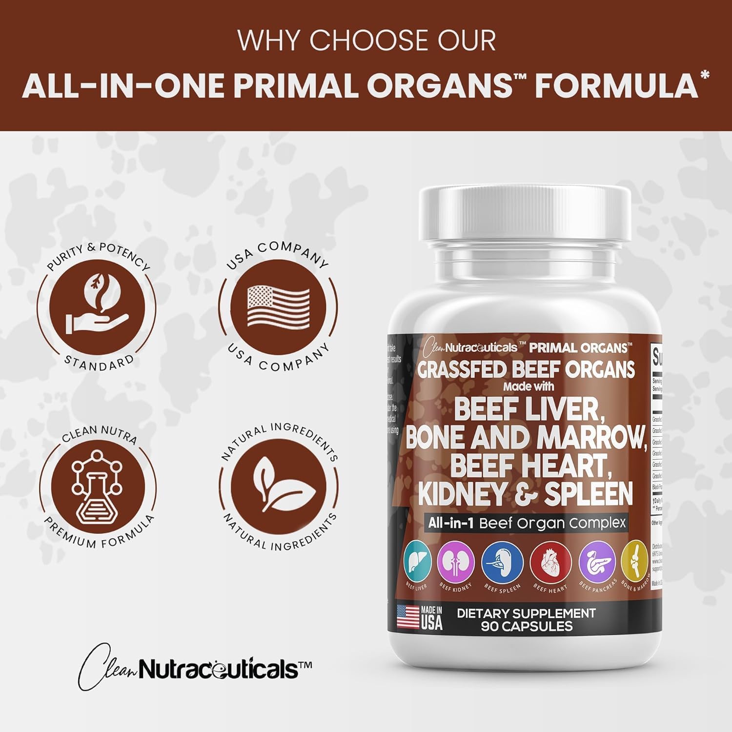 Premium Grass Fed Beef Organ Capsules with Desiccated Heart, Spleen, Pancreas, Bone Marrow - Nutrient-Rich Nutraceutical Supplement