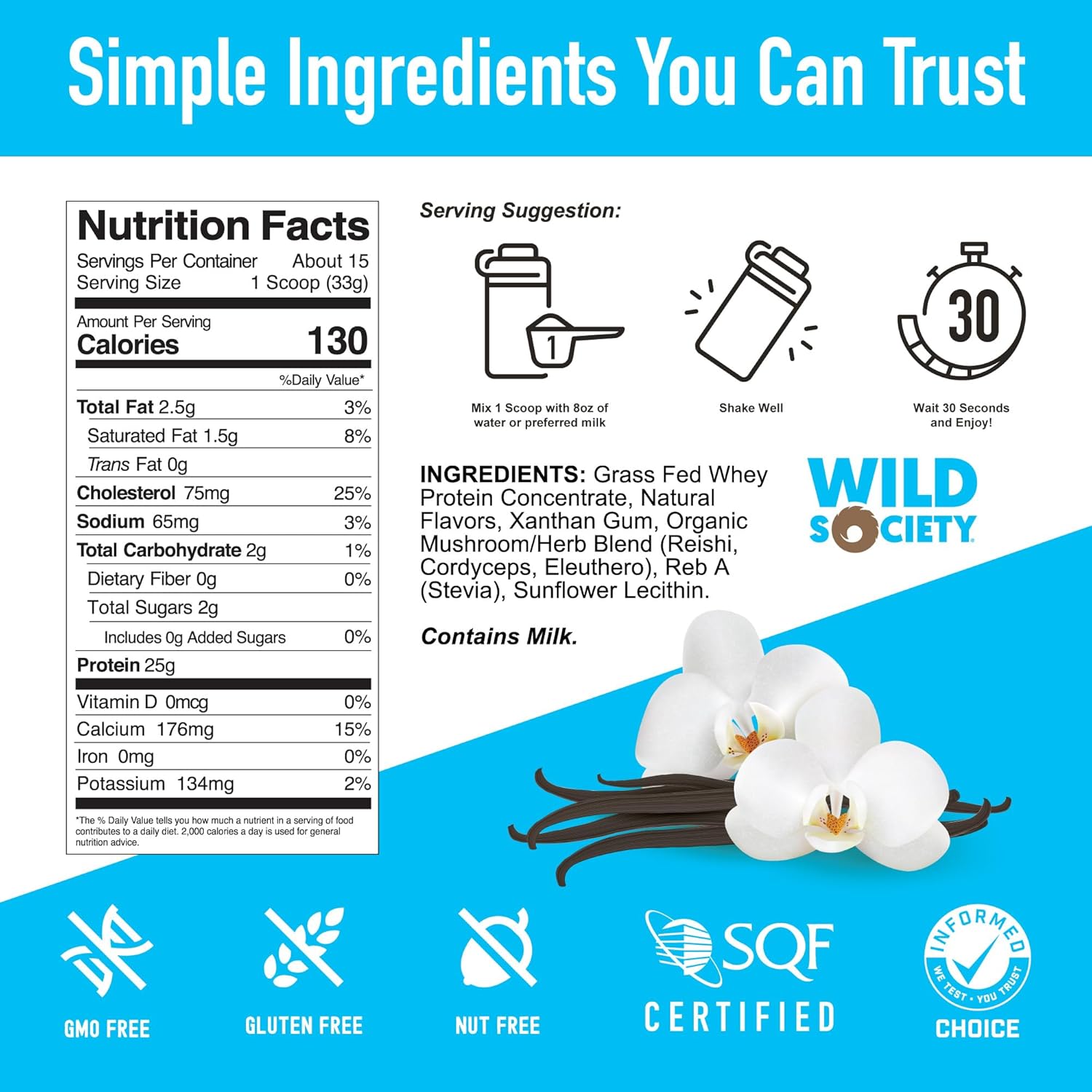Premium Grass Fed Whey Protein Powder with Superfood Mushrooms & Adaptogens - 25g Protein, Clean & Sugar-Free - Vanilla Bean Flavor